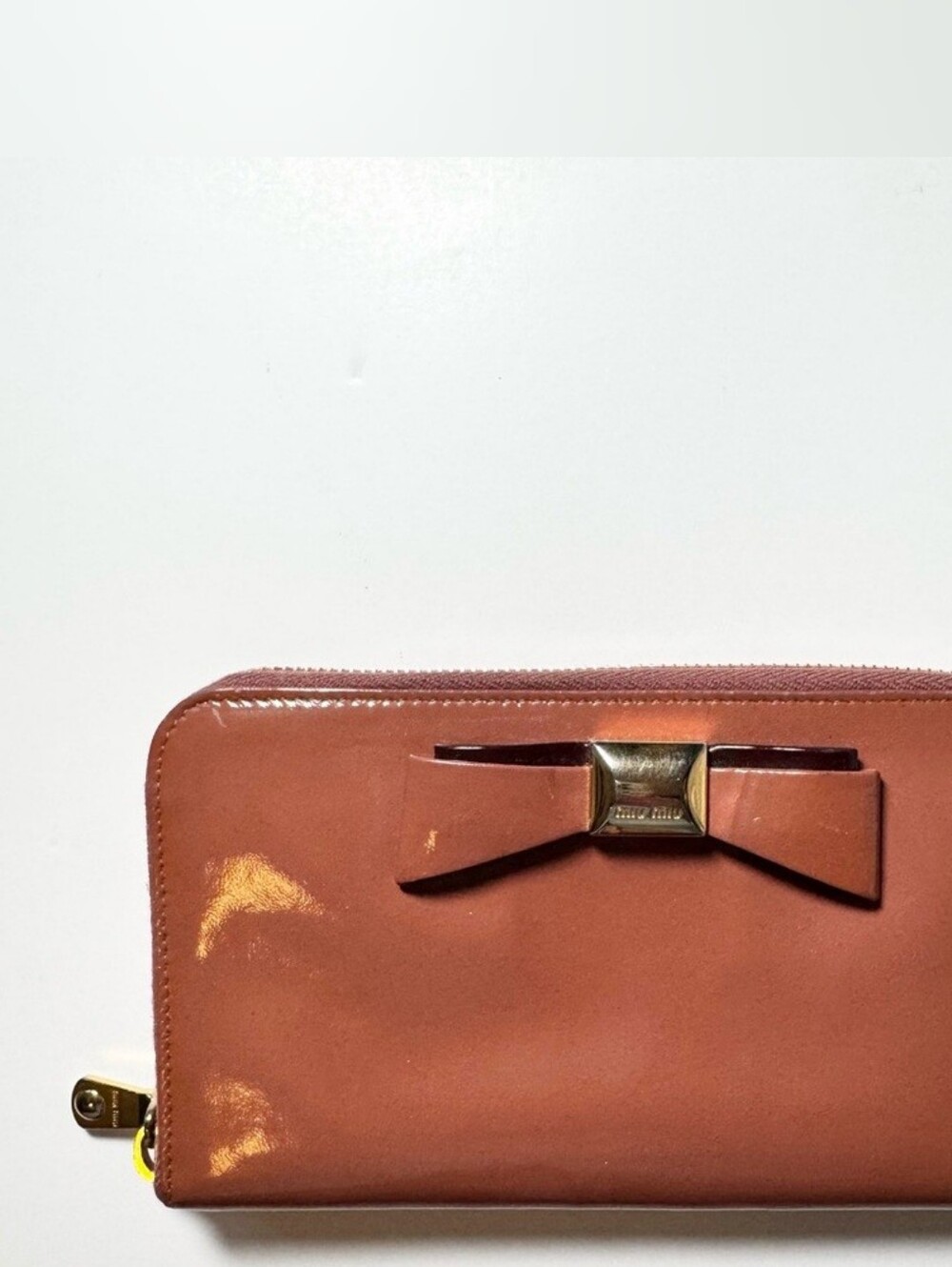 Miu Miu Caramel Brown Patent Leather Long Zip Wallet GUC